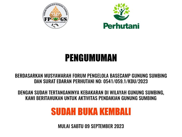 Poster pembukaan jalur pendakian Gunung Sumbing, Magelang, Jumat (8/9/2023).