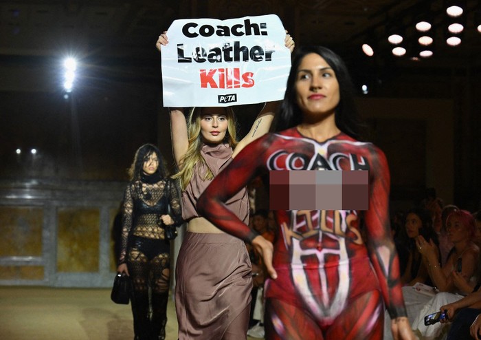 A Peta protestor holds a sign reading Coach: Leather Kills as she demonstrates on the runway during the Coach Spring 2024 show during New York Fashion Week in New York City on September 7, 2023. (Photo by ANGELA WEISS / AFP)