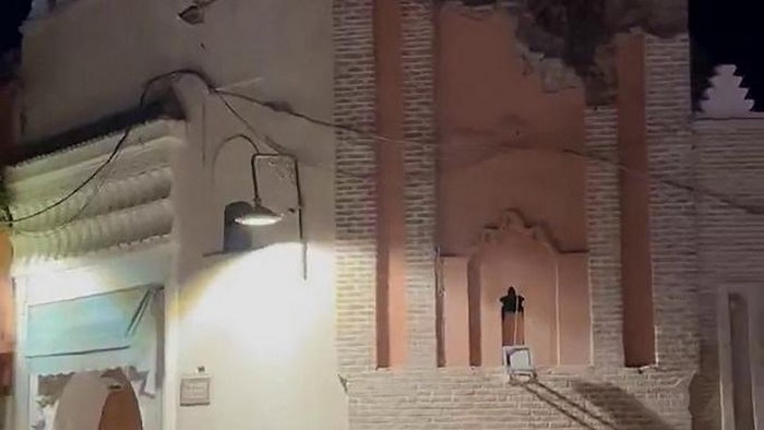 This handout frame grab of video footage courtesy of Michal Bizet and provided to AFPTV early September 9, 2023 shows a damaged building in Marrakesh, following a 6.8 magnitude earthquake that struck Morocco. Nearly 300 people have died after a powerful earthquake rattled Morocco Friday night, according to a preliminary government count, as terrified residents of Marrakesh reported 