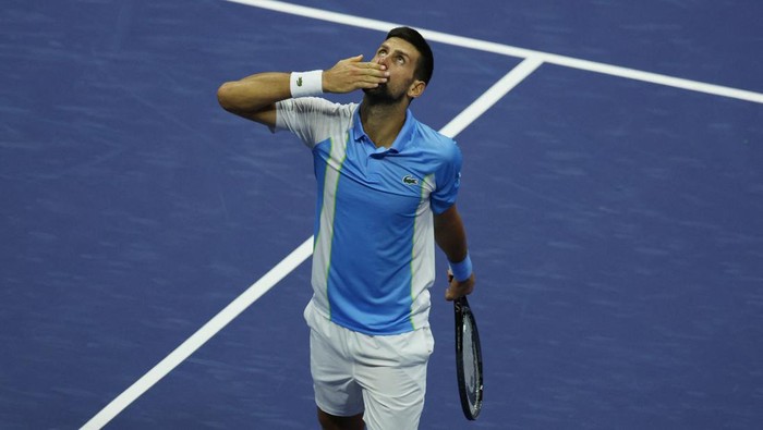 Tennis - U.S. Open - Flushing Meadows, New York, United States - September 8, 2023 Serbias Novak Djokovic celebrates after winning his semi final match against Ben Shelton of the U.S. REUTERS/Shannon Stapleton