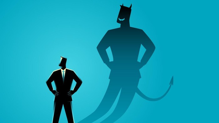Business concept vector illustration of a businessman with his devil shadow