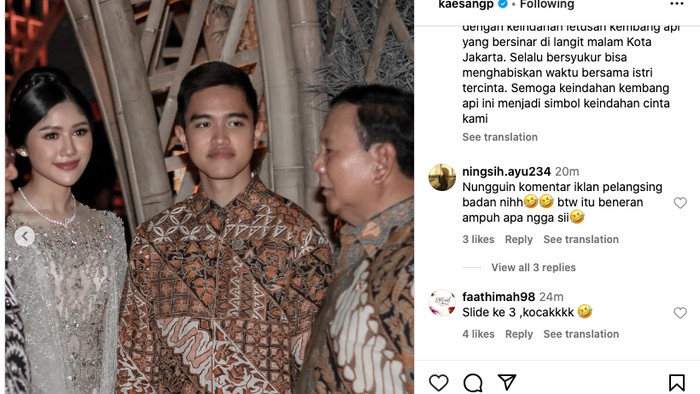 Kaesang Pangarep unggah foto bersama Erina dan Prabowo Subianto.