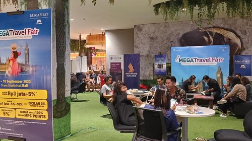 Suasana di kegiatan Mega Travel Fair 2023 yang berlangsung di Trans Studio Mall (TSM) Bali, Jalan Imam Bonjol No 440a, Denpasar pada Minggu (10/9/2023).