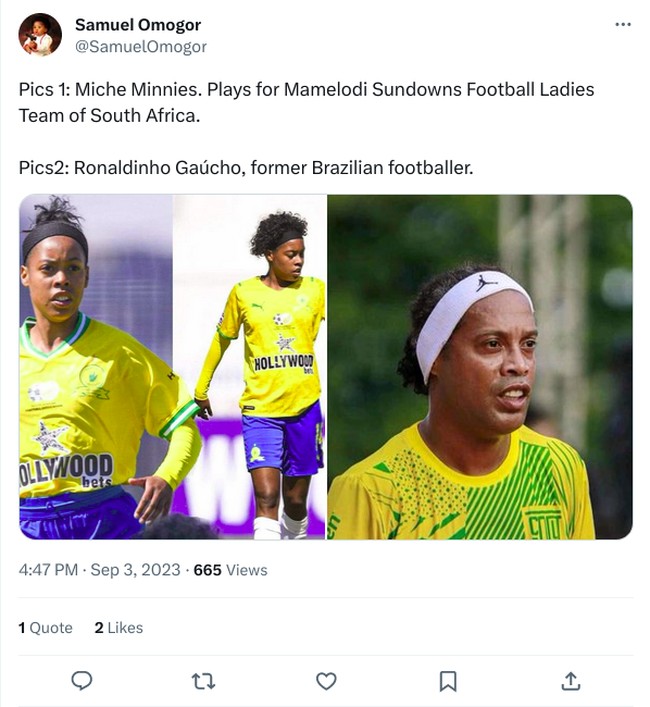 Miche Minnies dari Sundowns Ladies mengingatkan aku pada seseorang, Ronaldinho harus menjelaskan sesuatu, Tampaknya Ronaldinho melakukan sesuatu ketika mengunjungi Afrika Selatan 20 tahun lalu, tulis netizen. Foto: Twitter/Instagram
