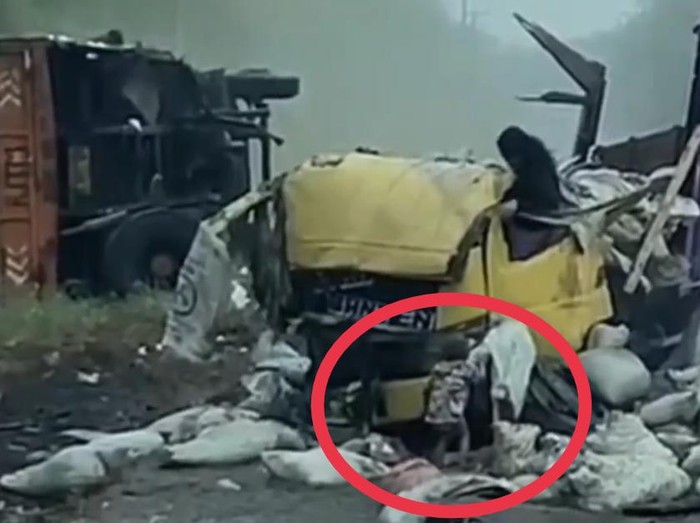 Seorang balita korban kecelakaan keluar dari truk ringsek