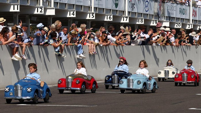 Children take part in the Settrington Cup Pedal Car Race as motoring enthusiasts attend the Goodwood Revival, a three-day historic car racing festival in Goodwood, near Chichester, southern Britain, September 9, 2023. REUTERS/Toby Melville     TPX IMAGES OF THE DAY