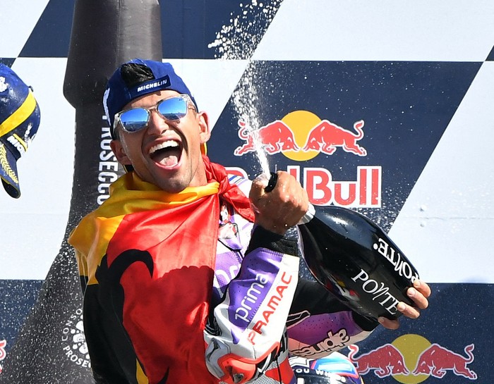 MotoGP - San Marino Grand Prix - Misano World Circuit Marco Simoncelli, Misano Adriatico, Italy - September 10, 2023 Prima Pramac Racings Jorge Martin celebrates with champagne on the podium after winning the MotoGP race REUTERS/Jennifer Lorenzini