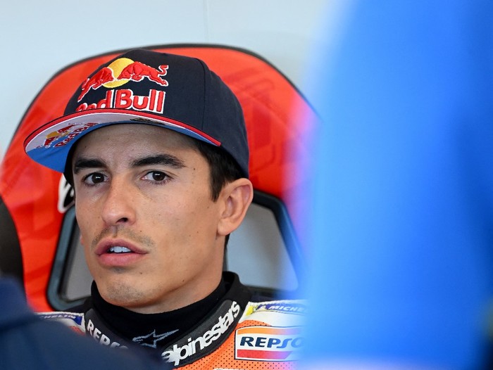 Honda Repsol Spanish team rider Marc Marquez reacts inside his box during a free practice session of the San Marino MotoGP Grand Prix at the Misano World Circuit Marco-Simoncelli in Misano Adriatico on September 8, 2023. (Photo by Filippo MONTEFORTE / AFP)