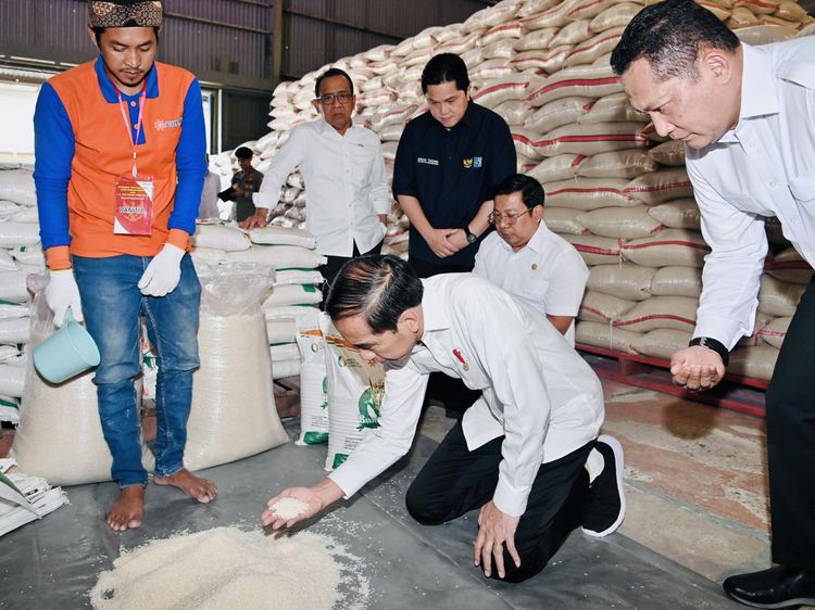Momen Jokowi Berlutut Cek Beras di Gudang Bulog Bogor