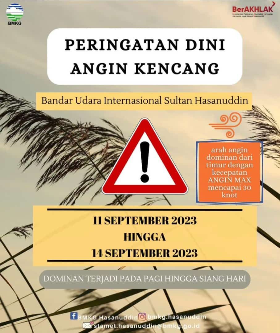 Peringatan dini angin kencang di Bandar Udara Internasional Sultan Hasanuddin, Makassar, Sulsel.