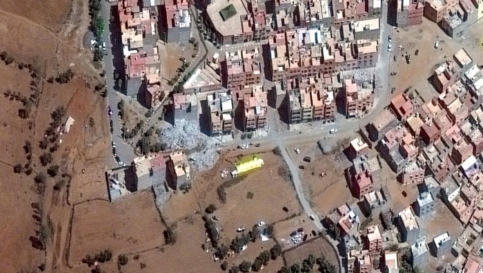 Potret Satelit Kehancuran di Maroko Akibat Gempa M 6,8 A satellite image shows collapsed buildings, following a powerful earthquake, in Amizmiz, Morocco September 10, 2023. Maxar Technologies/Handout via REUTERS THIS IMAGE HAS BEEN SUPPLIED BY A THIRD PARTY. NO RESALES. NO ARCHIVES. MANDATORY CREDIT. DO NOT OBSCURE LOGO.