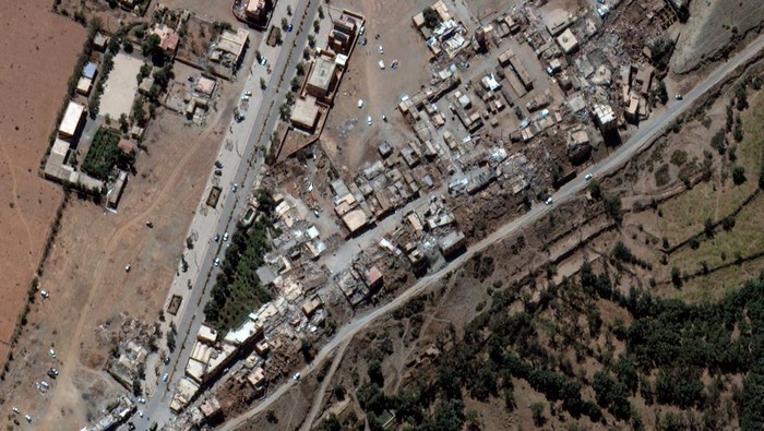 Potret Satelit Kehancuran di Maroko Akibat Gempa M 6,8 A satellite image shows collapsed buildings, following a powerful earthquake, in Amizmiz, Morocco September 10, 2023. Maxar Technologies/Handout via REUTERS THIS IMAGE HAS BEEN SUPPLIED BY A THIRD PARTY. NO RESALES. NO ARCHIVES. MANDATORY CREDIT. DO NOT OBSCURE LOGO.