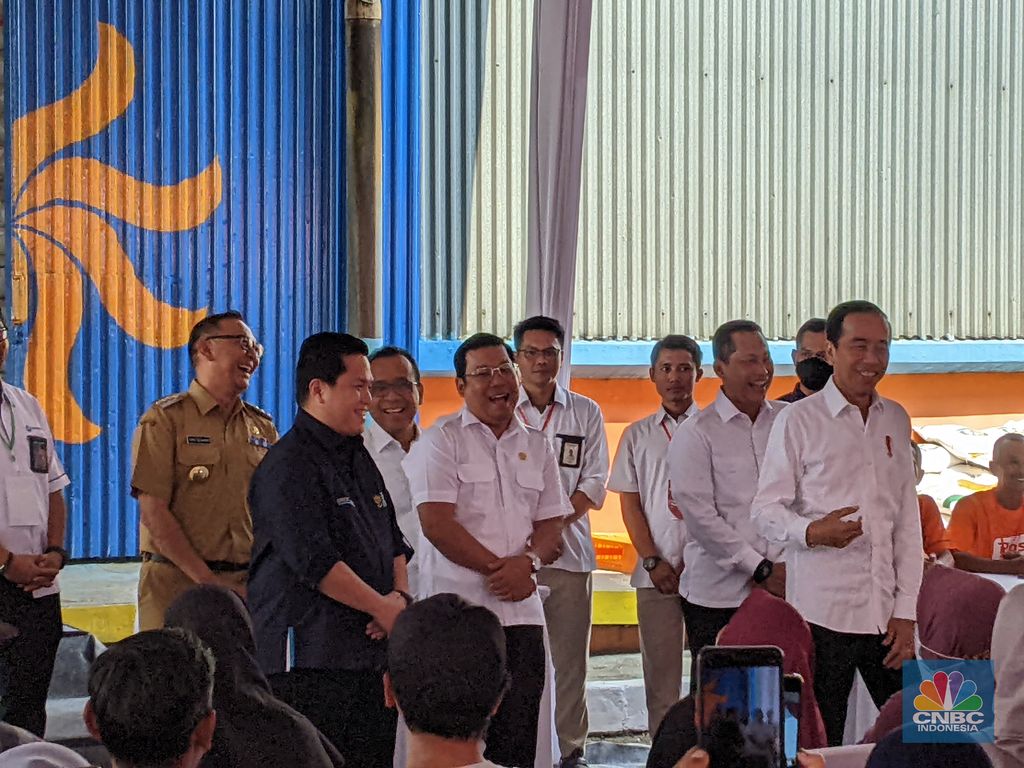 Presiden Joko Widodo melakukan tinjauan ke gudang Perum Bulog di Dramaga, Kabupaten Bogor, Jawa Barat, Senin (11/9/2023). (CNBC Indonesia/Emir Yanwardhana)