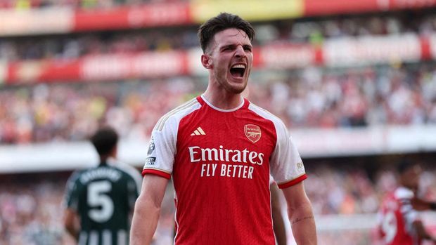 Soccer Football - Premier League - Arsenal v Manchester United - Emirates Stadium, London, Britain - September 3, 2023  Arsenal's Declan Rice celebrates scoring their second goal REUTERS/David Klein EDITORIAL USE ONLY. No use with unauthorized audio, video, data, fixture lists, club/league logos or 'live' services. Online in-match use limited to 75 images, no video emulation. No use in betting, games or single club /league/player publications.  Please contact your account representative for further details.     TPX IMAGES OF THE DAY