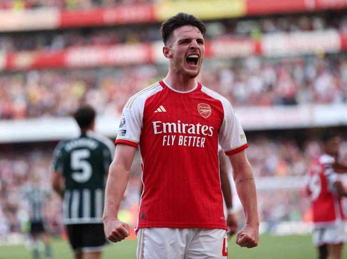 Soccer Football - Premier League - Arsenal v Manchester United - Emirates Stadium, London, Britain - September 3, 2023  Arsenal's Declan Rice celebrates scoring their second goal REUTERS/David Klein EDITORIAL USE ONLY. No use with unauthorized audio, video, data, fixture lists, club/league logos or 'live' services. Online in-match use limited to 75 images, no video emulation. No use in betting, games or single club /league/player publications.  Please contact your account representative for further details.     TPX IMAGES OF THE DAY