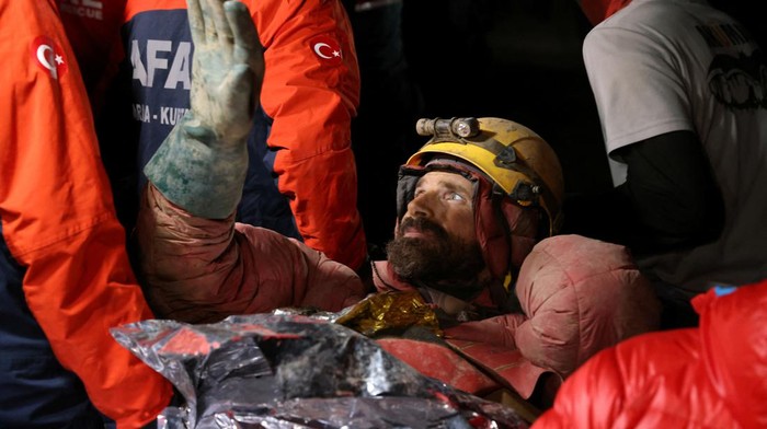U.S. caver Mark Dickey, on a stretcher, is carried out of the Morca cave as his rescue operation comes to a successful end near Anamur in Mersin province, southern Turkey September 12, 2023. REUTERS/Umit Bektas