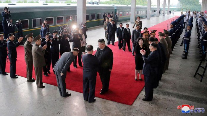 North Korean leader Kim Jong Un, accompanied by government officials, departs Pyongyang, North Korea, to visit Russia, September 10, 2023, in this image released by North Koreas Korean Central News Agency on September 12, 2023. KCNA via REUTERS