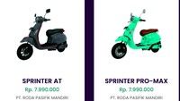 Selanjutnya, ada motor listrik bergaya retro mirip Vespa yakni Sprinter dan Sprinter Pro-Max garapan PT Roda Pasifik Mandiri. Keduanya dijual dengan harga Rp 7,99 juta. Motor listrik itu dibekali dengan baterai berkapasitas 60 V / 20.2 Ah yang dipadukan dengan motor listrik bertenaga 60 V / 1.200. Bermodalkan baterai dan motor listrik dan baterai tersebut, Sprinter bisa menjelajah sejauh 55 km. Foto: SISAPIRa