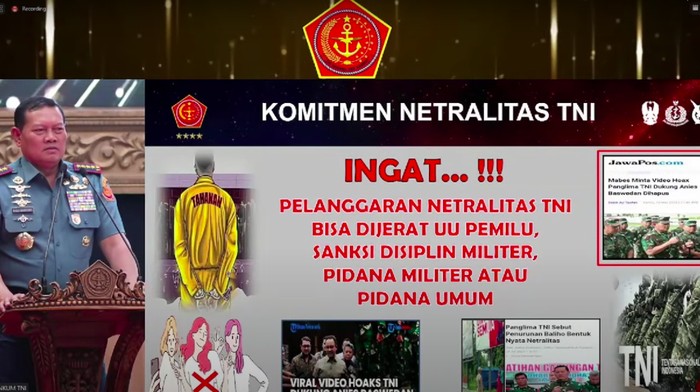 Panglima TNI Laksamana TNI Yudo Margono mengingatkan semua prajurit untuk menjaga netralitas. Dia mengungkit soal video hoax disebut mendukung Anies Baswedan. (YouTube Puspen TNI)