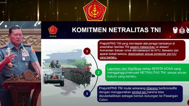 Panglima TNI Laksamana Yudo Margono mengingatkan seluruh prajurit untuk kembali menjaga netralitas dalam Pemilu. (YouTube Puspen TNI)