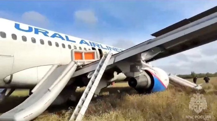 A view shows Russias Ural Airlines plane flying from Sochi to Omsk after an emergency landing in western Siberias Novosibirsk region, Russia, in this still image from video published September 12, 2023. Russian Emergencies Ministry/Handout via REUTERS