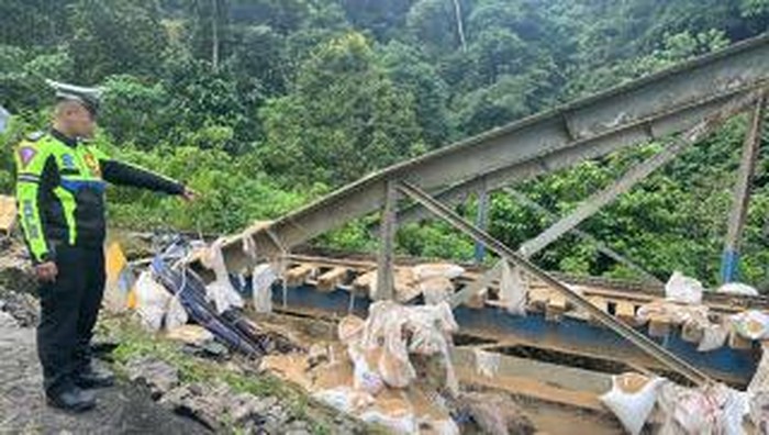 Polisi menunjukkan truk pakan ayam yang masuk jurang. (Foto: Dok. Polres Padang Panjang)
