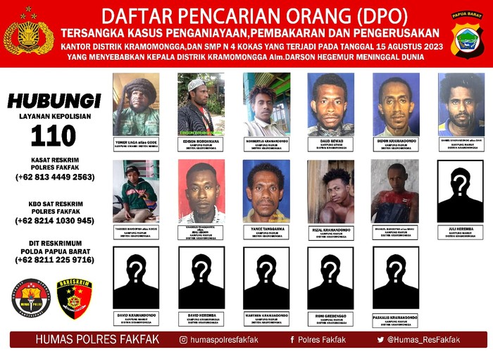 Polisi merilis 17 DPO pembakaran dan pembunuhan di Distrik Kramamongga, Fakfak.