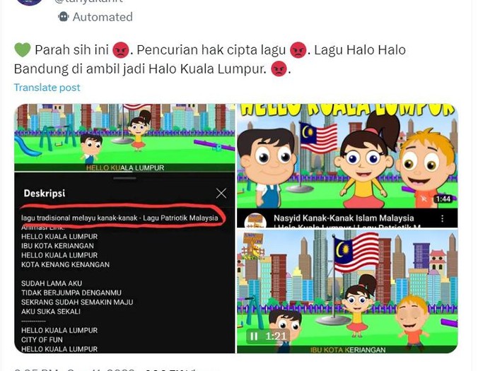 Tangkapan layar threads lagu Helo Kuala Lumpur yang diduga jiplak lagu Halo-halo Bandung.