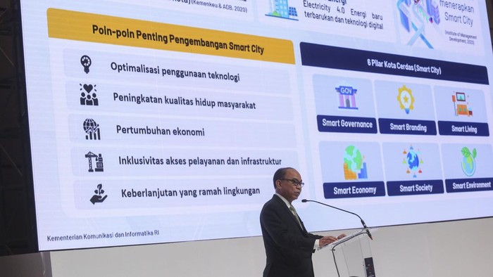 Menteri Pariwisata dan Ekonomi Kreatif Sandiga Salahudin Uno (tengah) bersama (dari kiri) Komisaris Utama PT Industri Telekomunikasi Indonesia (Persero) (INTI) Unggul Priyanto, Direktur Utama Edi Witjara, Wali Kota Bogor yang juga Ketua Umum Asosiasi Pemerintah Kota Seluruh Indonesia (APEKSI) Bima Arya Sugiarto dan Direktur Operasi Ahmad Taufik berfoto bersama saat acara International Smart City Conference 2023 dengen tema “The Design of Indonesia : Creating a Connected and Smart Future” di Jakarta, Selasa (12/9/2023).