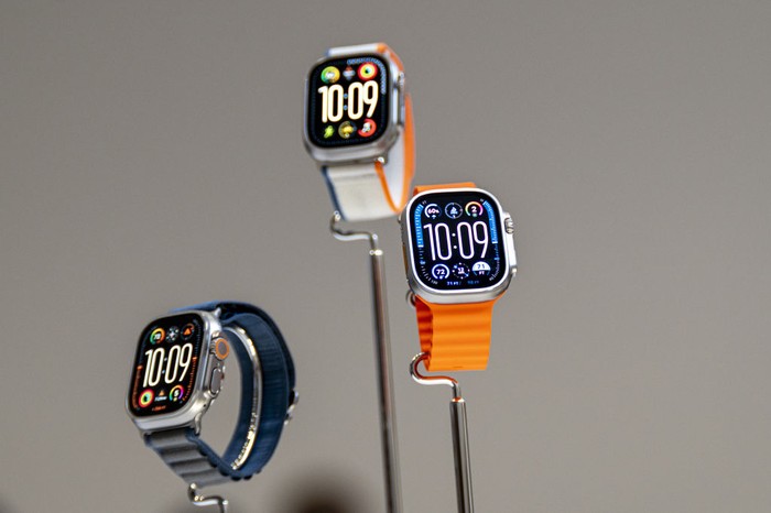 The Apple Watch Ultra 2 is displayed during an event at Apple Park campus in Cupertino, California, US, on Tuesday, Sept. 12, 2023. Apple Inc. introduced its latest iPhones at an event Tuesday, banking on new materials, camera upgrades and improved performance to coax back consumers in a sluggish smartphone market. Photographer: David Paul Morris/Bloomberg via Getty Images