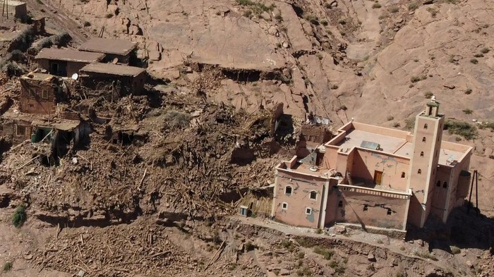 Foto Udara Kerusakan di Maroko Akibat Gempa A view shows destroyed houses in the aftermath of a deadly earthquake in the village of Arghen Valley, Morocco, September 12, 2023. REUTERS/Nacho Doce