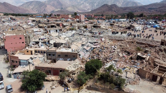 Foto Udara Kerusakan di Maroko Akibat Gempa A view shows the damage in Talat N'Yaaqoub, in the aftermath of Morocco's deadliest earthquake September 12, 2023. REUTERS/Mehmet Caliskan