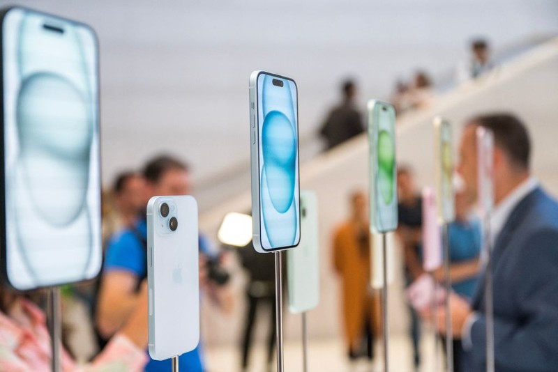 The new Apple iPhone 15 Pro models, with EU ordered USB-C charger, is displayed amongst other new products during a launch event at Apple Park in Cupertino, California, on September 12, 2023. (Photo by Nic Coury / AFP) (Photo by NIC COURY/AFP via Getty Images)