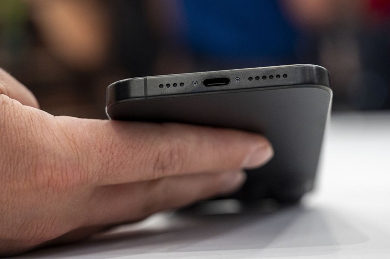 The Apple iPhone 15 Pro Max during an event at Apple Park campus in Cupertino, California, US, on Tuesday, Sept. 12, 2023. Apple Inc. introduced its latest iPhones at an event Tuesday, banking on new materials, camera upgrades and improved performance to coax back consumers in a sluggish smartphone market. Photographer: David Paul Morris/Bloomberg via Getty Images