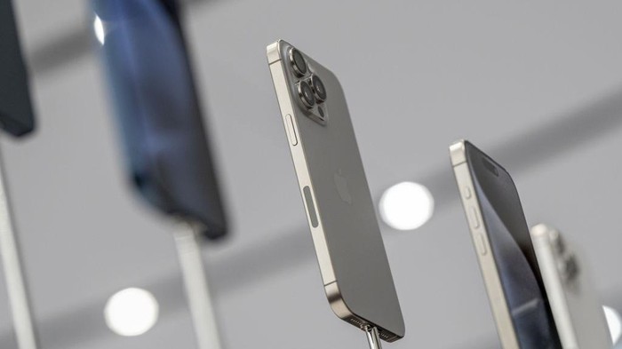 The Apple iPhone 15 Pro Max during an event at Apple Park campus in Cupertino, California, US, on Tuesday, Sept. 12, 2023. Apple Inc. introduced its latest iPhones at an event Tuesday, banking on new materials, camera upgrades and improved performance to coax back consumers in a sluggish smartphone market. Photographer: David Paul Morris/Bloomberg via Getty Images