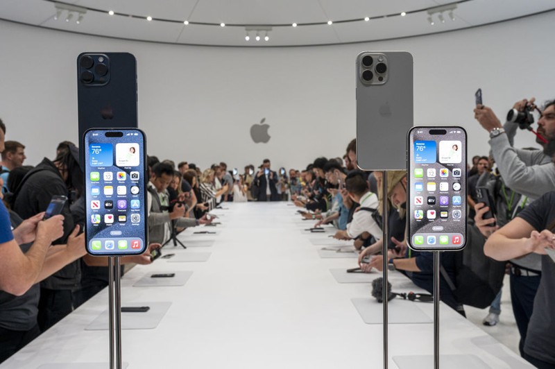The Apple iPhone 15 Pro Max during an event at Apple Park campus in Cupertino, California, US, on Tuesday, Sept. 12, 2023. Apple Inc. introduced its latest iPhones at an event Tuesday, banking on new materials, camera upgrades and improved performance to coax back consumers in a sluggish smartphone market. Photographer: David Paul Morris/Bloomberg via Getty Images