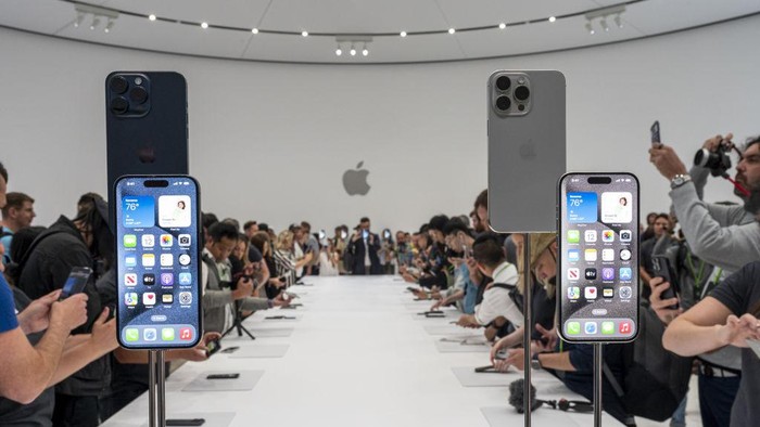 The Apple iPhone 15 Pro Max during an event at Apple Park campus in Cupertino, California, US, on Tuesday, Sept. 12, 2023. Apple Inc. introduced its latest iPhones at an event Tuesday, banking on new materials, camera upgrades and improved performance to coax back consumers in a sluggish smartphone market. Photographer: David Paul Morris/Bloomberg via Getty Images