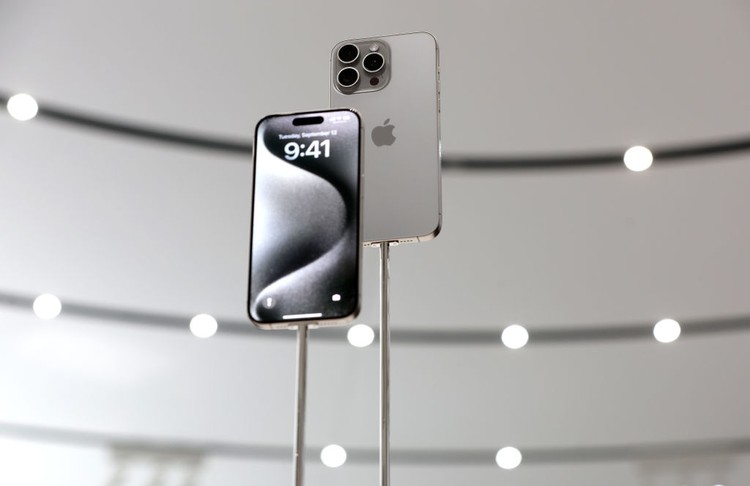 iPhone 15 CUPERTINO, CALIFORNIA - SEPTEMBER 12: The new iPhone 15 Pro is displayed during an Apple event at the Steve Jobs Theater at Apple Park on September 12, 2023 in Cupertino, California. Apple revealed its lineup of the latest iPhone 15 versions as well as other product upgrades during the event. (Photo by Justin Sullivan/Getty Images)