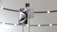 CUPERTINO, CALIFORNIA - SEPTEMBER 12: The new iPhone 15 Pro is displayed during an Apple event at the Steve Jobs Theater at Apple Park on September 12, 2023 in Cupertino, California. Apple revealed its lineup of the latest iPhone 15 versions as well as other product upgrades during the event. (Photo by Justin Sullivan/Getty Images)