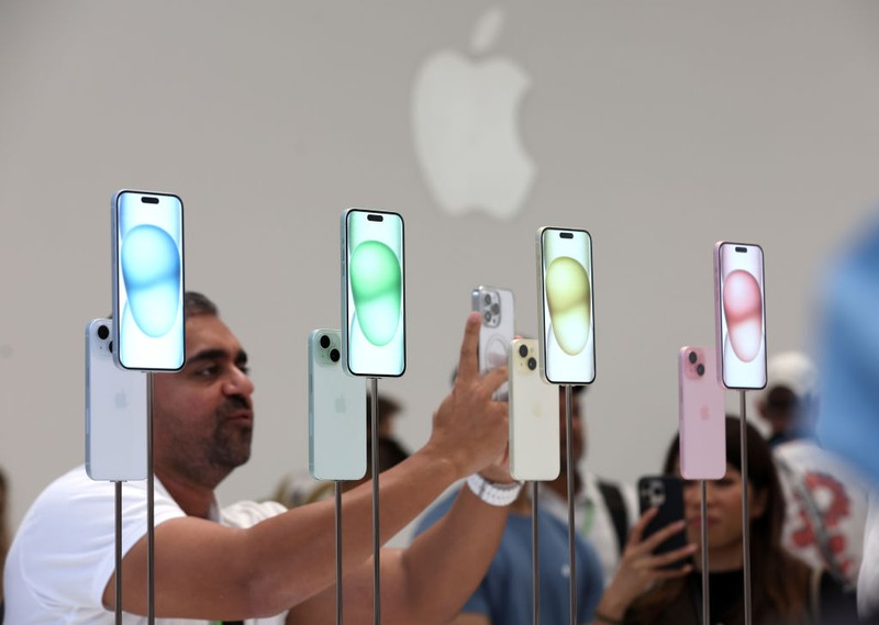 CUPERTINO, CALIFORNIA - SEPTEMBER 12: The new iPhone 15 Pro is displayed during an Apple event at the Steve Jobs Theater at Apple Park on September 12, 2023 in Cupertino, California. Apple revealed its lineup of the latest iPhone 15 versions as well as other product upgrades during the event. (Photo by Justin Sullivan/Getty Images)