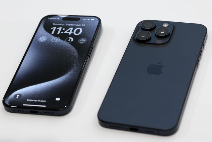 CUPERTINO, CALIFORNIA - SEPTEMBER 12: The new iPhone 15 Pro is displayed during an Apple event at the Steve Jobs Theater at Apple Park on September 12, 2023 in Cupertino, California. Apple revealed its lineup of the latest iPhone 15 versions as well as other product upgrades during the event. (Photo by Justin Sullivan/Getty Images)