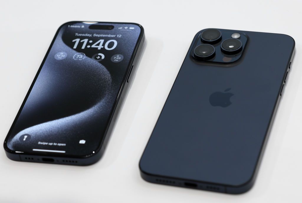 CUPERTINO, CALIFORNIA - SEPTEMBER 12: The new iPhone 15 Pro is displayed during an Apple event at the Steve Jobs Theater at Apple Park on September 12, 2023 in Cupertino, California. Apple revealed its lineup of the latest iPhone 15 versions as well as other product upgrades during the event. (Photo by Justin Sullivan/Getty Images)