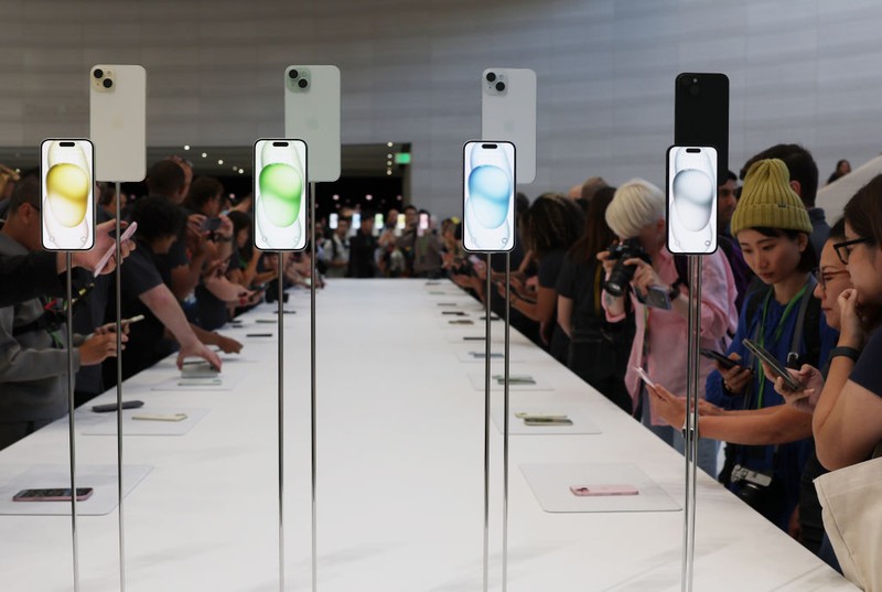 CUPERTINO, CALIFORNIA - SEPTEMBER 12: The new iPhone 15 Pro is displayed during an Apple event at the Steve Jobs Theater at Apple Park on September 12, 2023 in Cupertino, California. Apple revealed its lineup of the latest iPhone 15 versions as well as other product upgrades during the event. (Photo by Justin Sullivan/Getty Images)