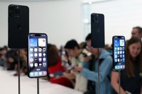 CUPERTINO, CALIFORNIA - SEPTEMBER 12: The new iPhone 15 Pro is displayed during an Apple event at the Steve Jobs Theater at Apple Park on September 12, 2023 in Cupertino, California. Apple revealed its lineup of the latest iPhone 15 versions as well as other product upgrades during the event. (Photo by Justin Sullivan/Getty Images)