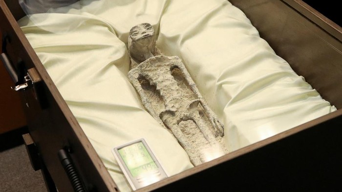 Remains of an allegedly non-human being is seen on display during a briefing on unidentified flying objects, known as UFOs, at the San Lazaro legislative palace, in Mexico City, Mexico September 12, 2023. REUTERS/Henry Romero