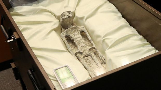 Remains of an allegedly 'non-human' being is seen on display during a briefing on unidentified flying objects, known as UFOs, at the San Lazaro legislative palace, in Mexico City, Mexico September 12, 2023. REUTERS/Henry Romero