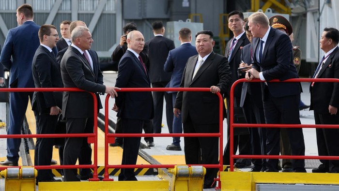 Russia's President Vladimir Putin shakes hands with North Korea's leader Kim Jong Un during a meeting at the Vostochny Сosmodrome in the far eastern Amur region, Russia, September 13, 2023. Sputnik/Vladimir Smirnov/Pool via REUTERS ATTENTION EDITORS - THIS IMAGE WAS PROVIDED BY A THIRD PARTY.     TPX IMAGES OF THE DAY