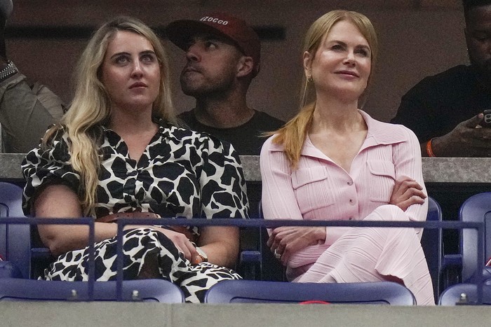 Nicole Kidman, right, watches play between Aryna Sabalenka, of Belarus, and Coco Gauff, of the United States, during the womens singles final of the U.S. Open tennis championships, Saturday, Sept. 9, 2023, in New York. (AP Photo/Frank Franklin II)