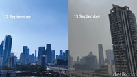 Kalau yang satu ini adalah penampakan langit DKI di Tendean, Jakarta Selatan, pada 12 September dan 13 September 2023 di siang hari. Cukup signifikan bukan perbedaannya? (Foto: Tim detikHealth)