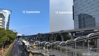 Langit biru DKI Jakarta dan sekitarnya pada Rabu (13/9/2023) tak terlihat lagi dan kembali ditutup kepulan polusi. Berdasarkan pantauan detikcom, beberapa titik di DKI pada jam 13.00 WIB kembali keruh seperti sebelum-sebelumnya. (Foto: Tim detikHealth)